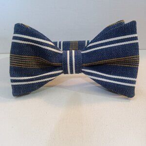 New Handmade Denim Gold White Striped Adjustable Bow Tie Fits 16.5- 21.5 Neck.